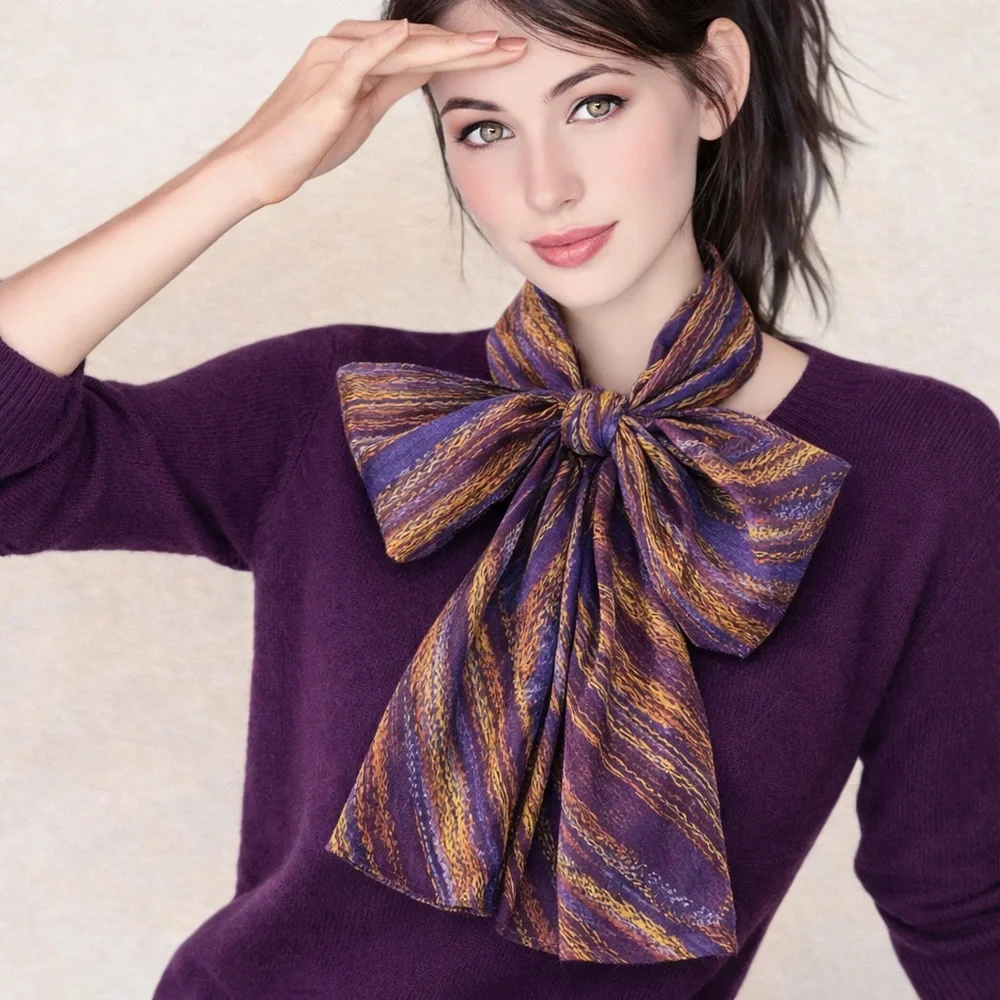 Purple & Gold Abstract Lightweight Fashion Scarf 58” Neck Hair Purse Wrap